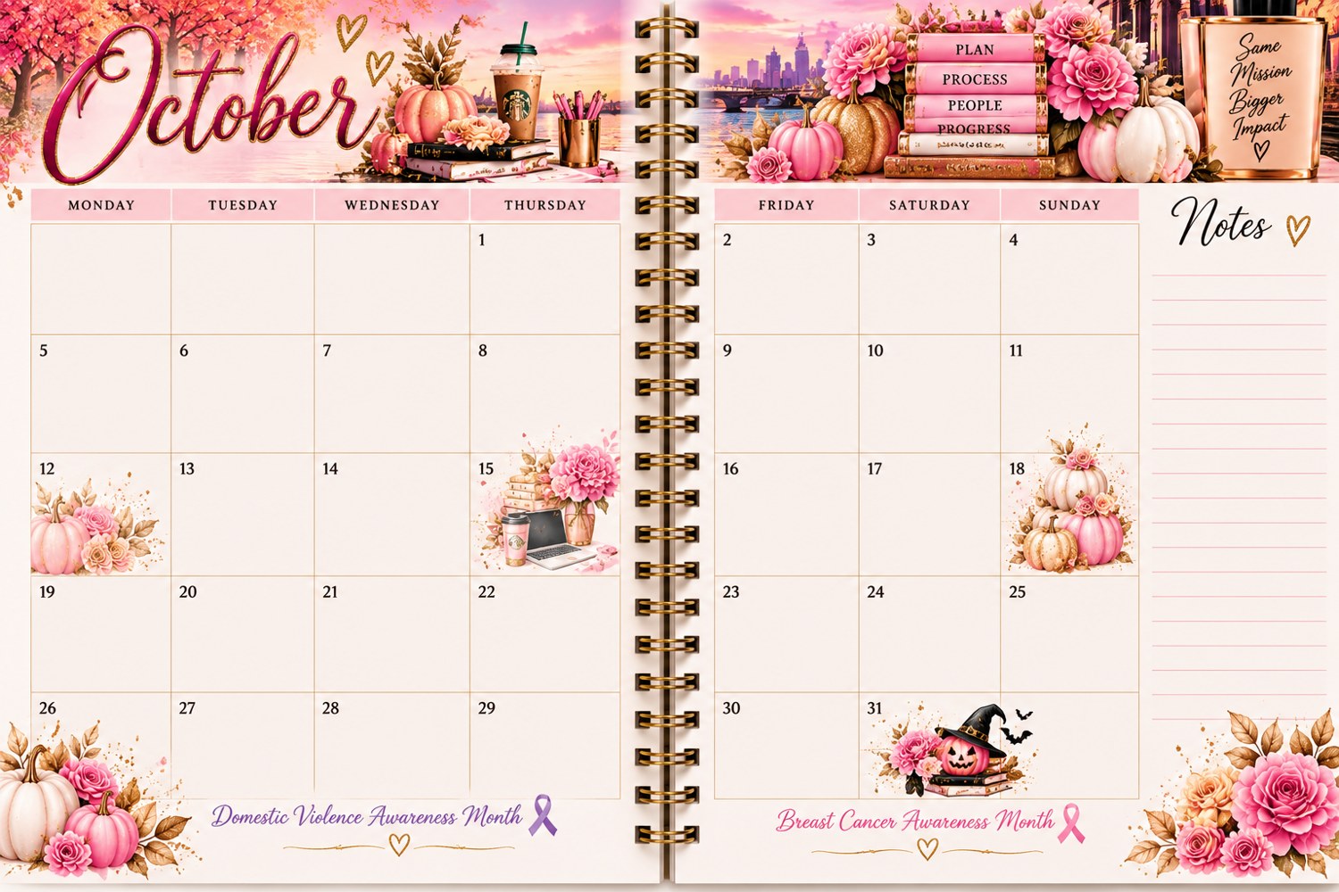 Pink and gold October planner spread with floral details, large calendar blocks and notes space